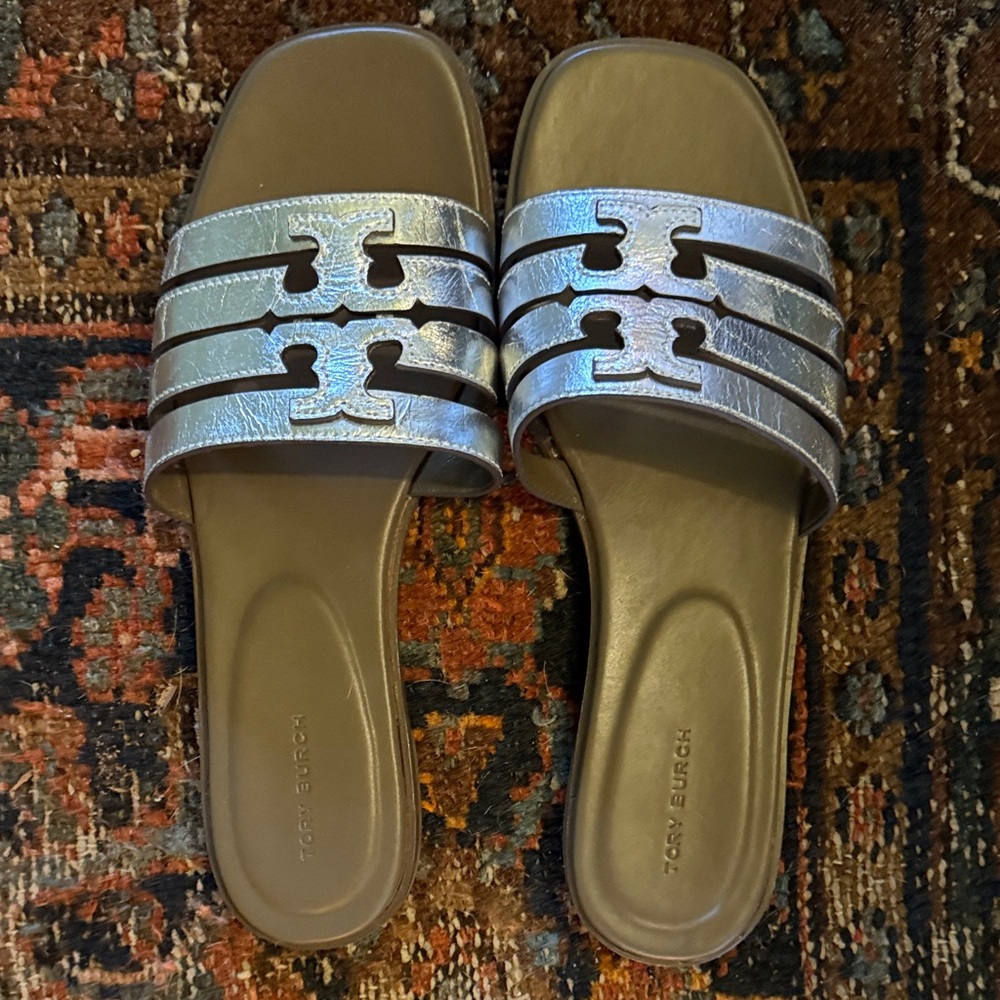 Tory Burch Metallic Silver Slide Sandals NWOT 8 1/2